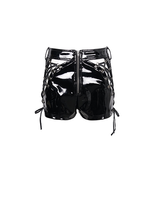 Gothic Style Stretch Patent Leather Fabric Side Cross Lace Stitching Hollow Mesh Sexy Black Daily Shorts