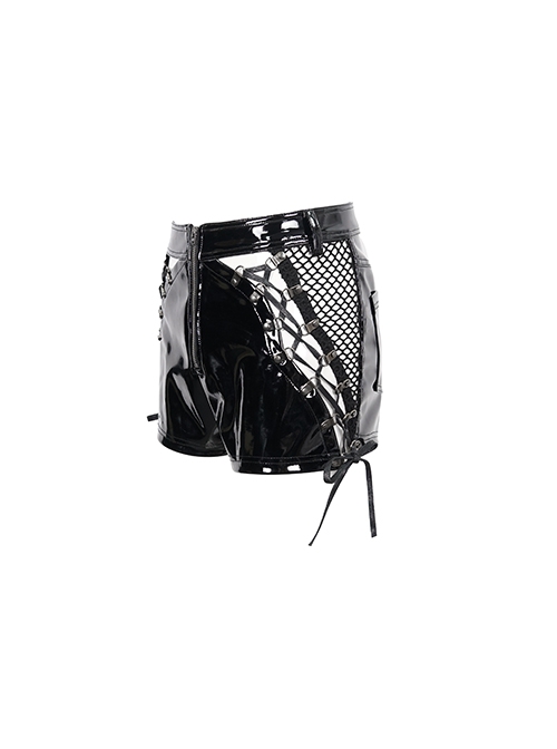 Gothic Style Stretch Patent Leather Fabric Side Cross Lace Stitching Hollow Mesh Sexy Black Daily Shorts