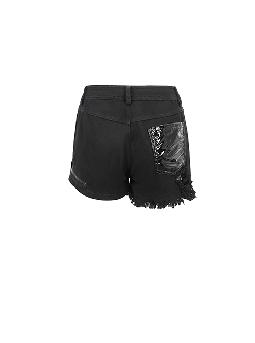 Punk Style Non Elastic Side Slits Ripped Asymmetric Black Raw Edge Denim Shorts