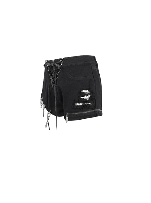 Punk Style Non Elastic Side Slits Ripped Asymmetric Black Raw Edge Denim Shorts