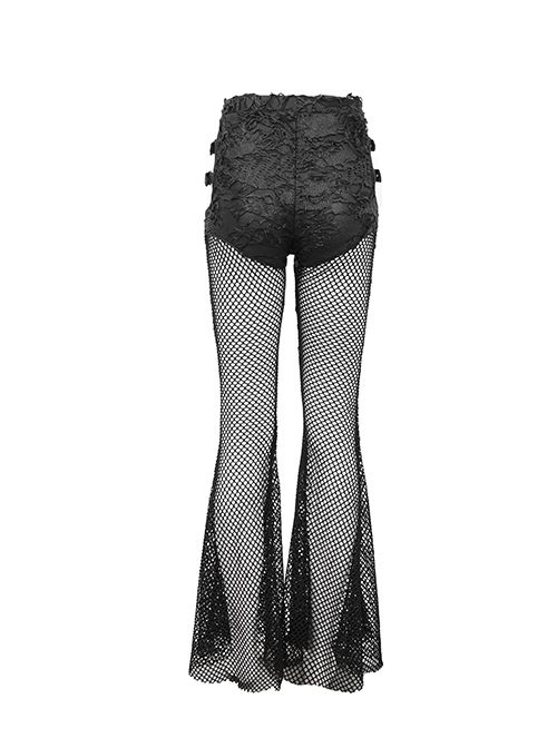 Gothic Style Sexy Stretch Mesh Patchwork Knitted Fabric Side Adjustable Hollow Buckle Black Everyday Flared Pants