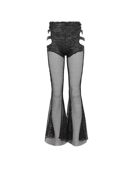 Gothic Style Sexy Stretch Mesh Patchwork Knitted Fabric Side Adjustable Hollow Buckle Black Everyday Flared Pants