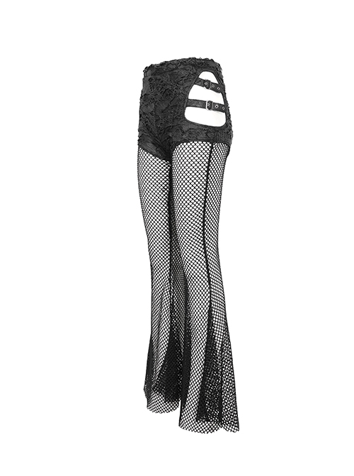 Gothic Style Sexy Stretch Mesh Patchwork Knitted Fabric Side Adjustable Hollow Buckle Black Everyday Flared Pants