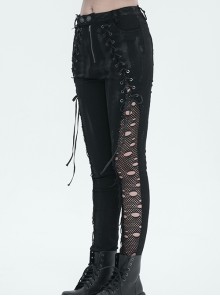 Punk Style Slim Fit Elastic Side Mesh Splicing Twill Fabric Front Center Cross Laces Embellished Black Washed Trousers