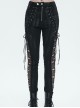 Punk Style Slim Fit Elastic Side Mesh Splicing Twill Fabric Front Center Cross Laces Embellished Black Washed Trousers