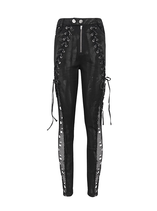 Punk Style Slim Fit Elastic Side Mesh Splicing Twill Fabric Front Center Cross Laces Embellished Black Washed Trousers