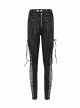 Punk Style Slim Fit Elastic Side Mesh Splicing Twill Fabric Front Center Cross Laces Embellished Black Washed Trousers