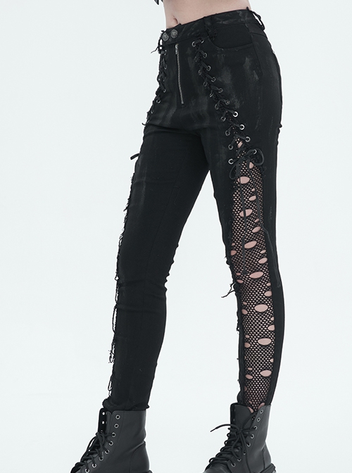 Punk Style Slim Fit Elastic Side Mesh Splicing Twill Fabric Front Center Cross Laces Embellished Black Washed Trousers