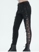 Punk Style Slim Fit Elastic Side Mesh Splicing Twill Fabric Front Center Cross Laces Embellished Black Washed Trousers