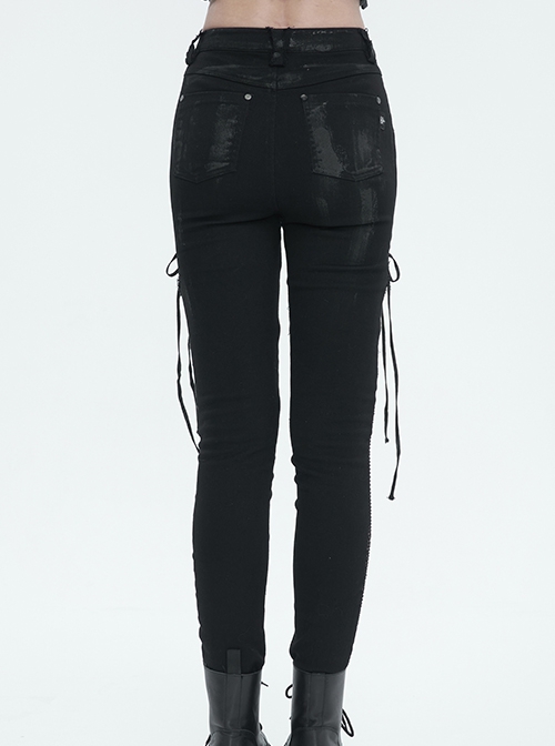 Punk Style Slim Fit Elastic Side Mesh Splicing Twill Fabric Front Center Cross Laces Embellished Black Washed Trousers