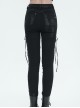 Punk Style Slim Fit Elastic Side Mesh Splicing Twill Fabric Front Center Cross Laces Embellished Black Washed Trousers