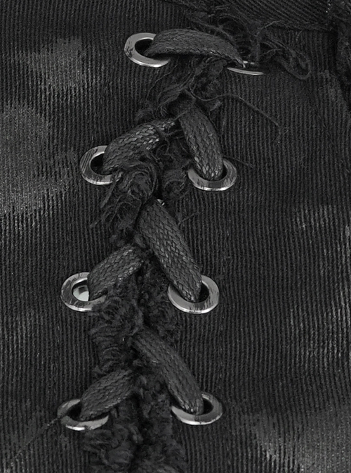 Punk Style Slim Fit Elastic Side Mesh Splicing Twill Fabric Front Center Cross Laces Embellished Black Washed Trousers