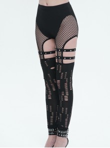 Punk Style Sexy Hollow Knit Stitching Elastic Mesh With Asymmetrical Leg Sleeves Decorated Black Leggings