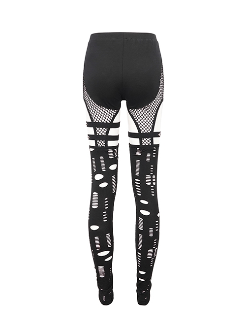 Punk Style Sexy Hollow Knit Stitching Elastic Mesh With Asymmetrical Leg Sleeves Decorated Black Leggings