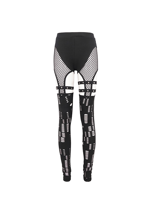 Punk Style Sexy Hollow Knit Stitching Elastic Mesh With Asymmetrical Leg Sleeves Decorated Black Leggings