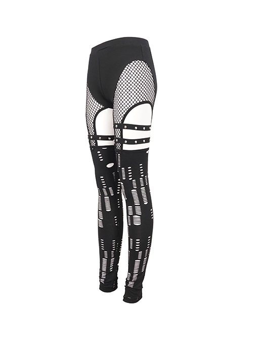 Punk Style Sexy Hollow Knit Stitching Elastic Mesh With Asymmetrical Leg Sleeves Decorated Black Leggings