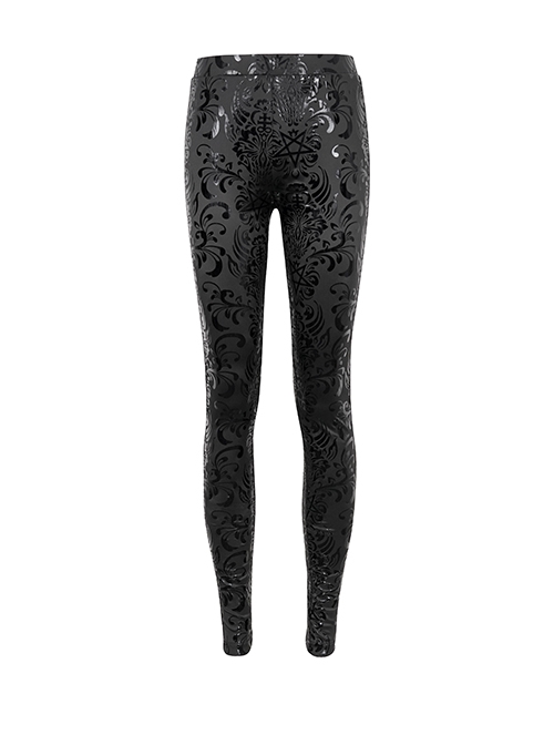 Gothic Style Personalized Five Pointed Star Printed Knitted Fabric With Special Patent Leather Effect Black Daily Leggings