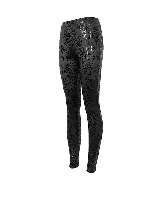 Gothic Style Personalized Five Pointed Star Printed Knitted Fabric With Special Patent Leather Effect Black Daily Leggings