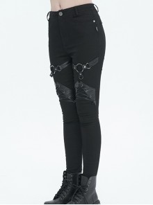 Gothic Style Simple Stretch Twill Fabric Thigh With PU Leather Decoration Black Everyday Skinny Trousers