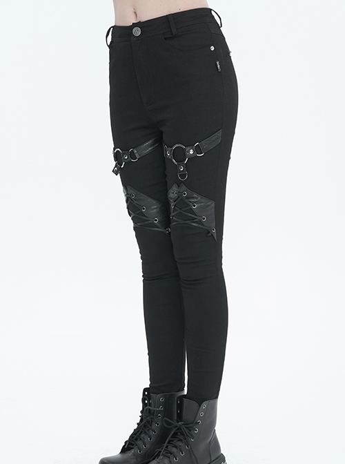 Gothic Style Simple Stretch Twill Fabric Thigh With PU Leather Decoration Black Everyday Skinny Trousers