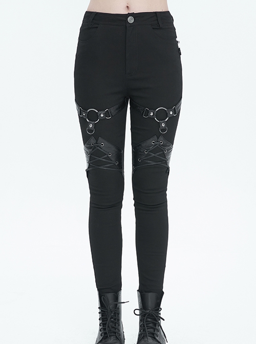 Gothic Style Simple Stretch Twill Fabric Thigh With PU Leather Decoration Black Everyday Skinny Trousers