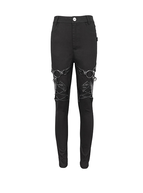 Gothic Style Simple Stretch Twill Fabric Thigh With PU Leather Decoration Black Everyday Skinny Trousers