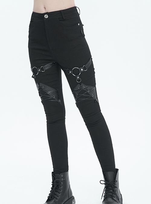 Gothic Style Simple Stretch Twill Fabric Thigh With PU Leather Decoration Black Everyday Skinny Trousers