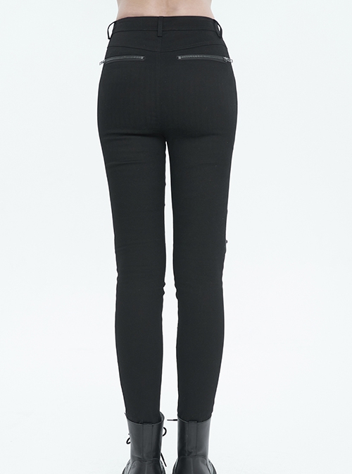 Gothic Style Simple Stretch Twill Fabric Thigh With PU Leather Decoration Black Everyday Skinny Trousers