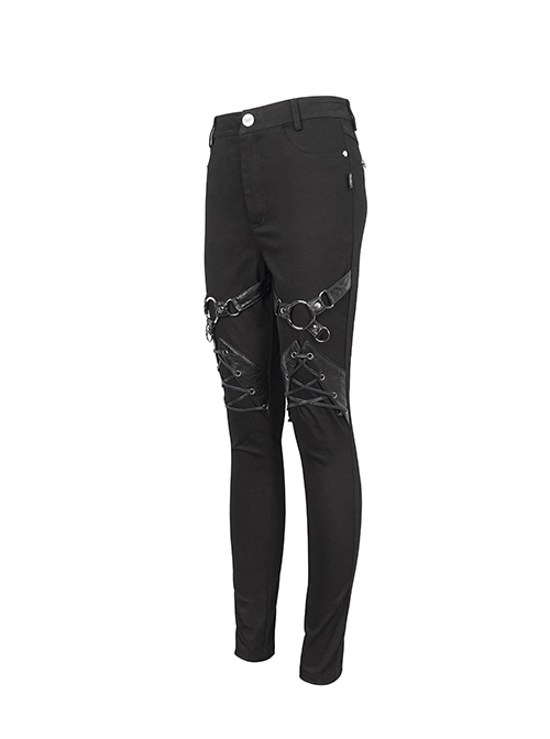 Gothic Style Simple Stretch Twill Fabric Thigh With PU Leather Decoration Black Everyday Skinny Trousers