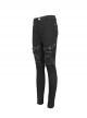 Gothic Style Simple Stretch Twill Fabric Thigh With PU Leather Decoration Black Everyday Skinny Trousers