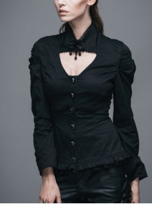 Gothic Style Sexy Hollow Rose Pendant Lapel Lace Black Long Sleeve Stretch Daily Blouse