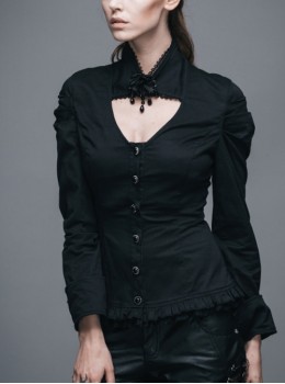 Gothic Style Sexy Hollow Rose Pendant Lapel Lace Black Long Sleeve Stretch Daily Blouse