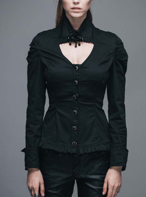 Gothic Style Sexy Hollow Rose Pendant Lapel Lace Black Long Sleeve Stretch Daily Blouse