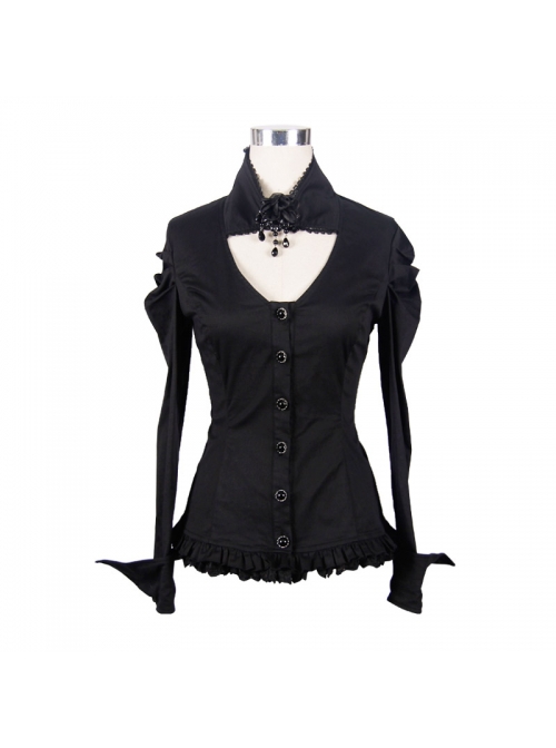 Gothic Style Sexy Hollow Rose Pendant Lapel Lace Black Long Sleeve Stretch Daily Blouse