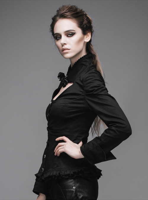 Gothic Style Sexy Hollow Rose Pendant Lapel Lace Black Long Sleeve Stretch Daily Blouse