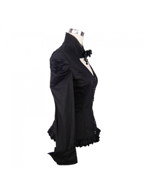 Gothic Style Sexy Hollow Rose Pendant Lapel Lace Black Long Sleeve Stretch Daily Blouse