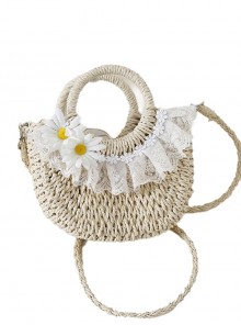Pastoral Style Versatile Daily Daisy Flower Lace Beach Classic Lolita Crossbody Ring Handle Straw Bag