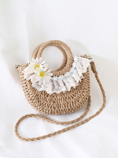 Pastoral Style Versatile Daily Daisy Flower Lace Beach Classic Lolita Crossbody Ring Handle Straw Bag