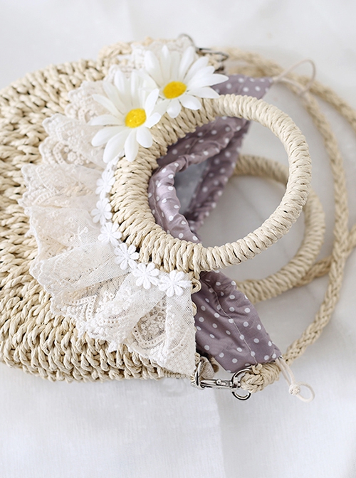 Pastoral Style Versatile Daily Daisy Flower Lace Beach Classic Lolita Crossbody Ring Handle Straw Bag