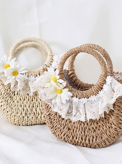 Pastoral Style Versatile Daily Daisy Flower Lace Beach Classic Lolita Crossbody Ring Handle Straw Bag