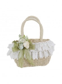 Forest Pastoral Style Vacation Elegant Green Yarn Bowknot Artificial Flowers Classic Lolita Straw Bag