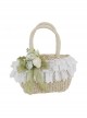 Forest Pastoral Style Vacation Elegant Green Yarn Bowknot Artificial Flowers Classic Lolita Straw Bag