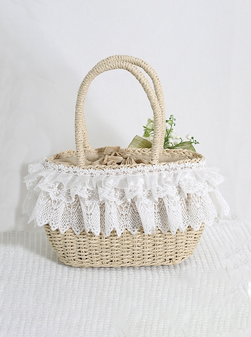 Forest Pastoral Style Vacation Elegant Green Yarn Bowknot Artificial Flowers Classic Lolita Straw Bag