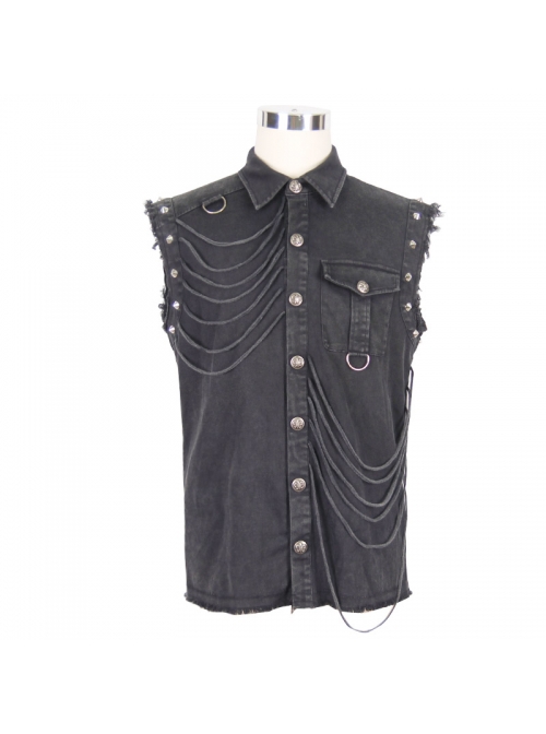 Punk Style Distressed Twill Asymmetric Knitted Sleeveless Raw Edge Gray Lapel Shirt