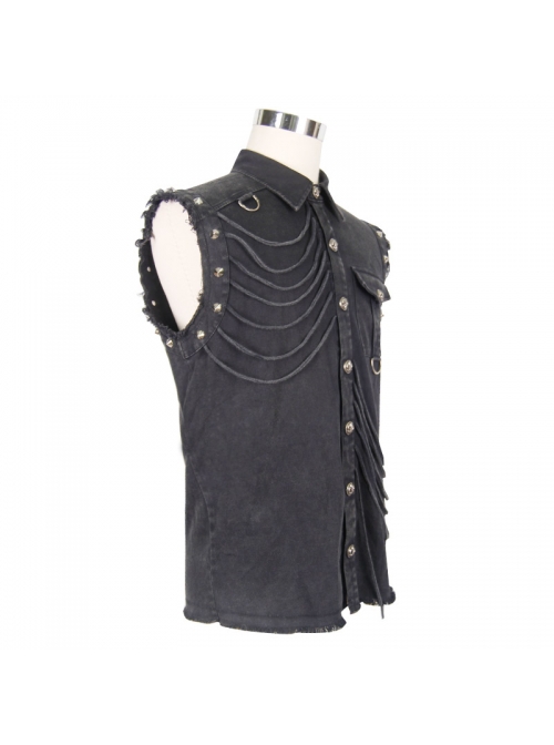 Punk Style Distressed Twill Asymmetric Knitted Sleeveless Raw Edge Gray Lapel Shirt