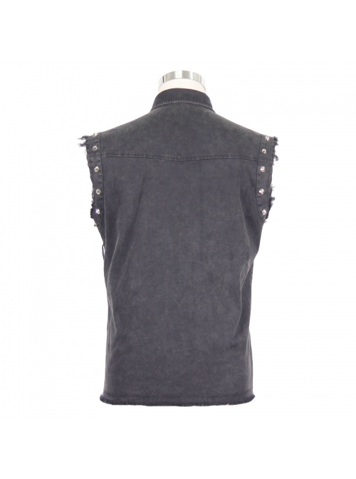 Punk Style Distressed Twill Asymmetric Knitted Sleeveless Raw Edge Gray Lapel Shirt