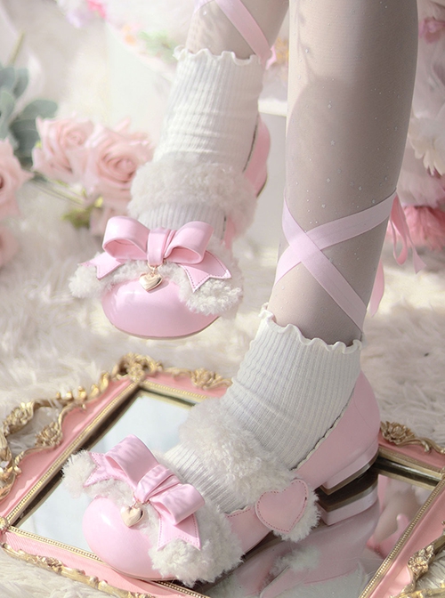 Sweetheart Bichon Series Velcro Plush Shoelaces Bowknot Sweet Low Heel Round Toe Sweet Lolita Mary Jane Shoes