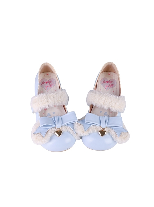 Sweetheart Bichon Series Velcro Plush Shoelaces Bowknot Sweet Low Heel Round Toe Sweet Lolita Mary Jane Shoes