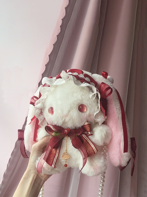 Cute Soft Girl Lace Gorgeous Bowknot Headband Plush Long-Eared Rabbit Doll Sweet Lolita Pearl Crossbody Bag Backpack