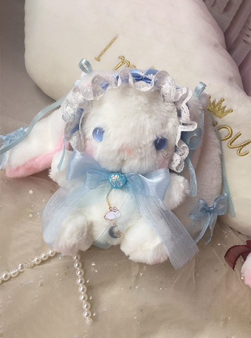 Cute Soft Girl Lace Gorgeous Bowknot Headband Plush Long-Eared Rabbit Doll Sweet Lolita Pearl Crossbody Bag Backpack